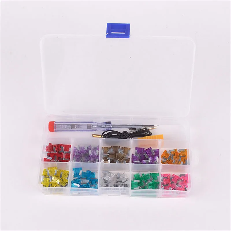 

100pcs Car Micro Mini Fuses 2A 3A 5A 7.5A 10A 15A 20A 25A 30A 35A Amp with Box Clip and Test Pencil Auto Blade Type Fuse Set