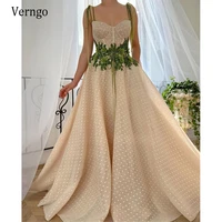 verngo elegant cream polka dotted tulle prom dresses with green 3d flowers spaghetti straps tie a line 2021 long evening gowns
