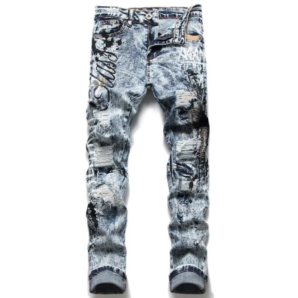 Мужские джинсы, новинка 2022, голубые облегающие джинсы со снежинками и надписью, индивидуальные узкие модные уличные повседневные джинсы
