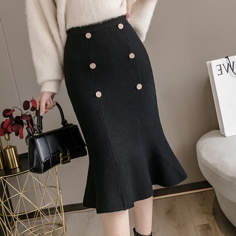 

Bag hip knitted skirt women's 2020 autumn and winter new professional double-breasted temperament all-match thin fishtail skirt