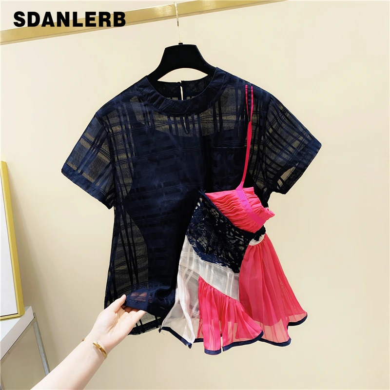 

Новинка лета 2021, футболка с кружевными бретельками, сшиваемый джемпер из двух частей, Необычная футболка из органзы с коротким рукавом, женс...