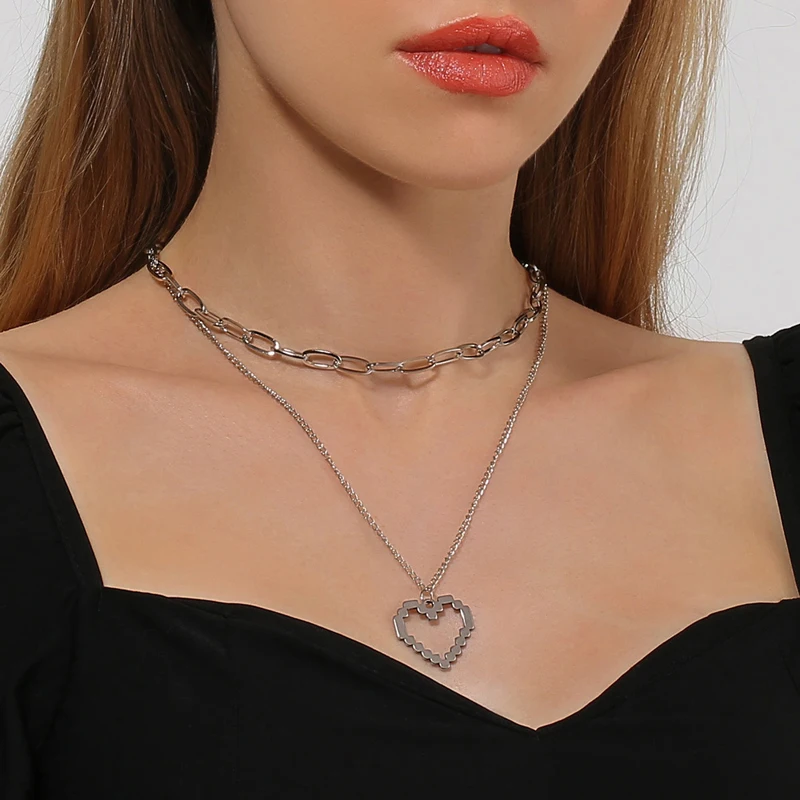 

Mosaic Heart Pendant Double Necklace for Women Silver Color Alloy Fashion Trend Personality Hip Hop Clavicle Chain Party Gift