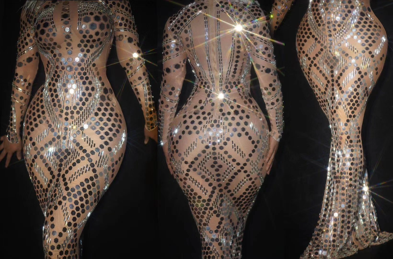 

Women Rhinestone Sexy Long Dress Long Sleeve Sparkling Sequined Zipper Back Nightclub Wedding Birthday Party Wear Costumes