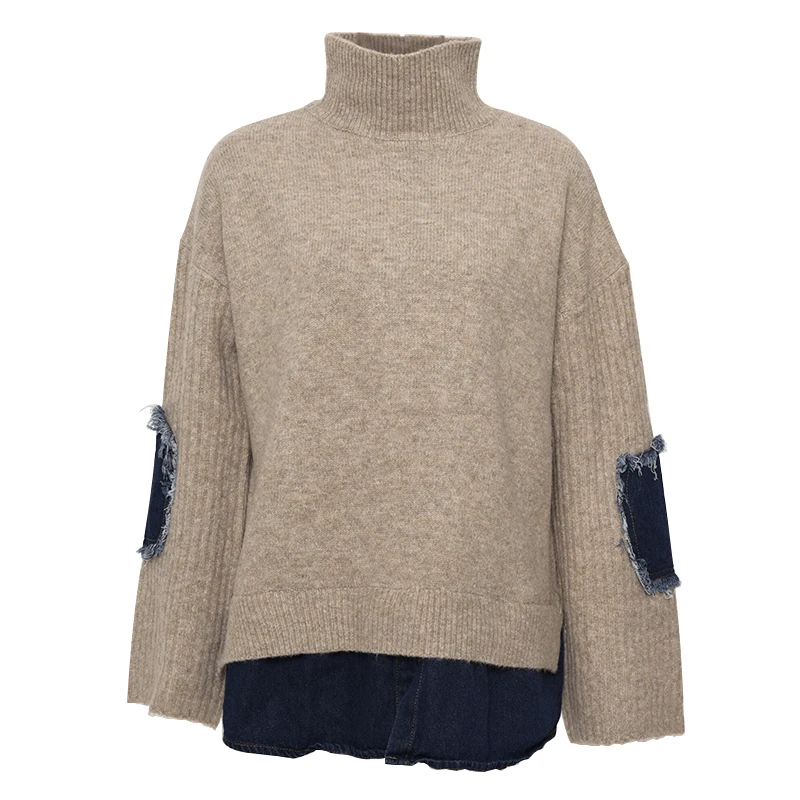 

IEQJ 2021 Spring Autumn High Quality Turtleneck Collar Long Sleeve Fake Two Piece Denim Knittng Streetwear Sweater Women AH502