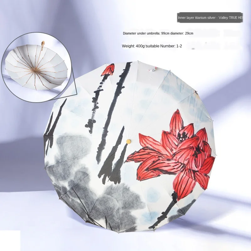 

16 k reinforced windproof women sunny and rainy umbrella fashion retro wooden handle three-folding color coating UV sun umbrella