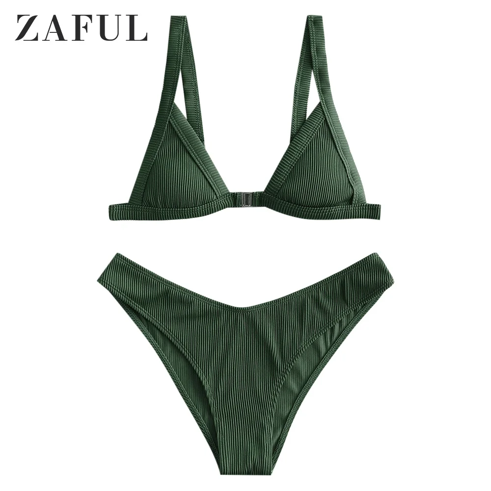 

ZAFUL Women Textured Ribbed Front Closure Bikini Set Wire Free Straps Triangle Bikini Padded Summer Bathing Suit Ladies Swimwear