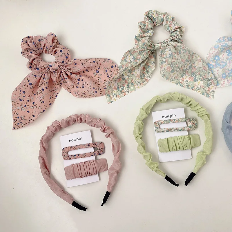 

4 Pcs/Set Summer Women Girls Sweet Colors Flower Scrunchies Rubber Bands Headbands Lovely Hair Clips Female Hair Accessories