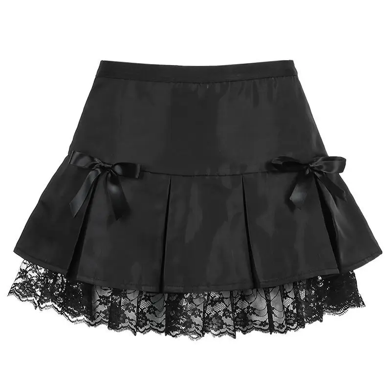 

European American Gothic style lace stitching pleated skirt women Summer black all-match High waist A-line hot girl short skirt