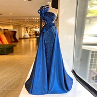 fashion sexy deep blue evening dress one shoulder strapless a line floor length sequins wonen dress dubai arabia prom dress