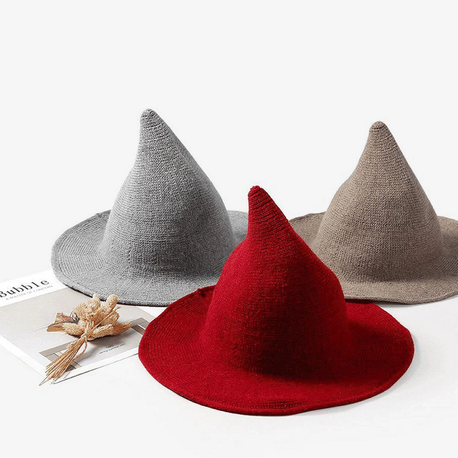 

Hot Women Modern Witch Hat Foldable Costume Sharp Pointed Wool Felt Halloween Party Hats Witch Hat Warm Autumn Winter Cap