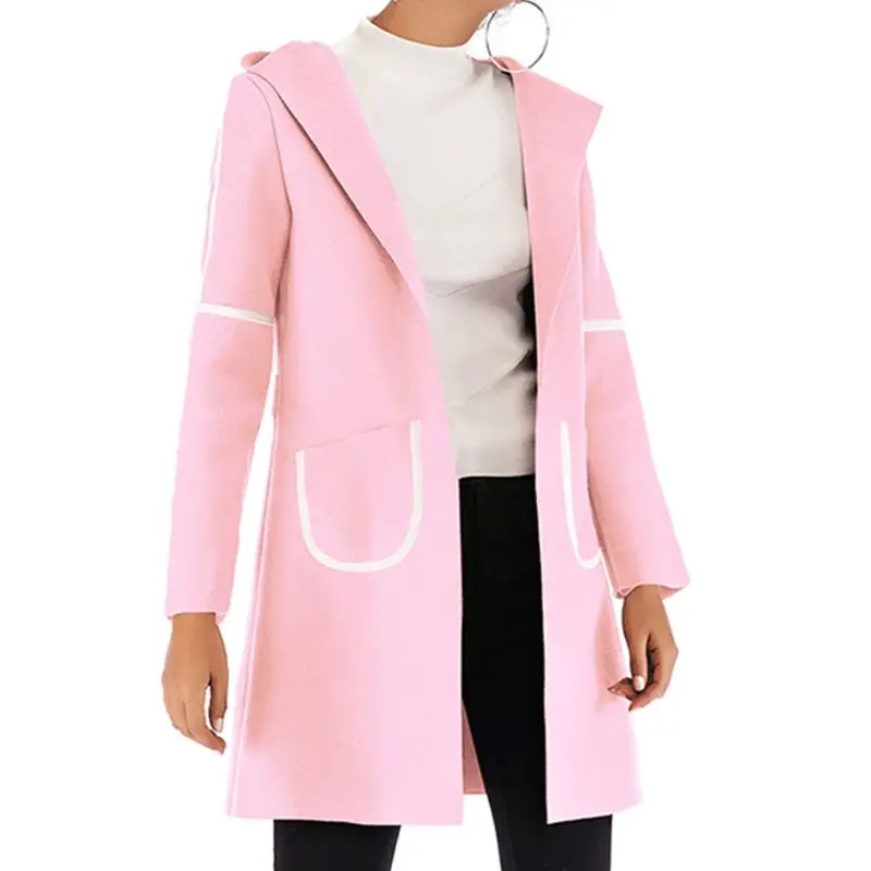 

Women Long Sleeve Hooded Cardigan Open Front Striped Overcoat Jacket with Pocket F42F