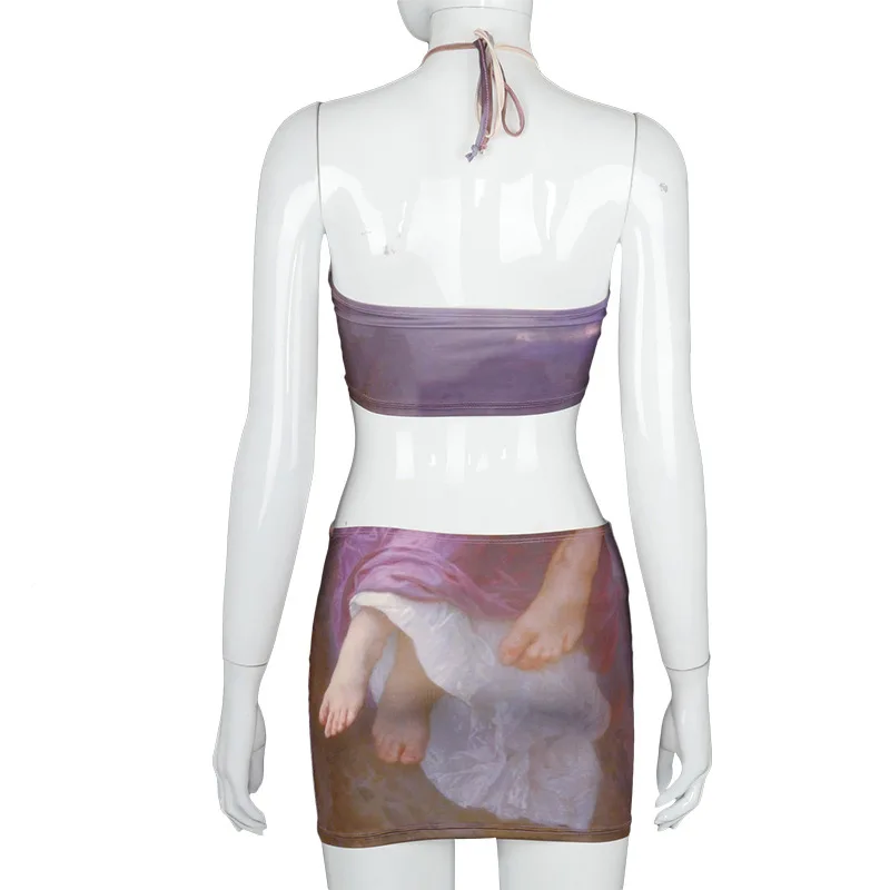 

2021 New Fashion Sexy Print Circle Patchwork Mini Women Dress Elegant Halter Hollow Out Lace Up Bandage Club Party Women Dress