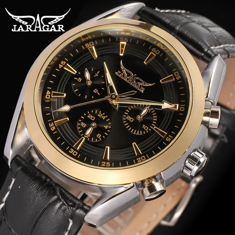 

Jaragar, Мужская коллекция механические часы автоматические натуральная кожа платье в деловом стиле 6 Руки Календарь Часы Montre Homme Топ Роскошные...