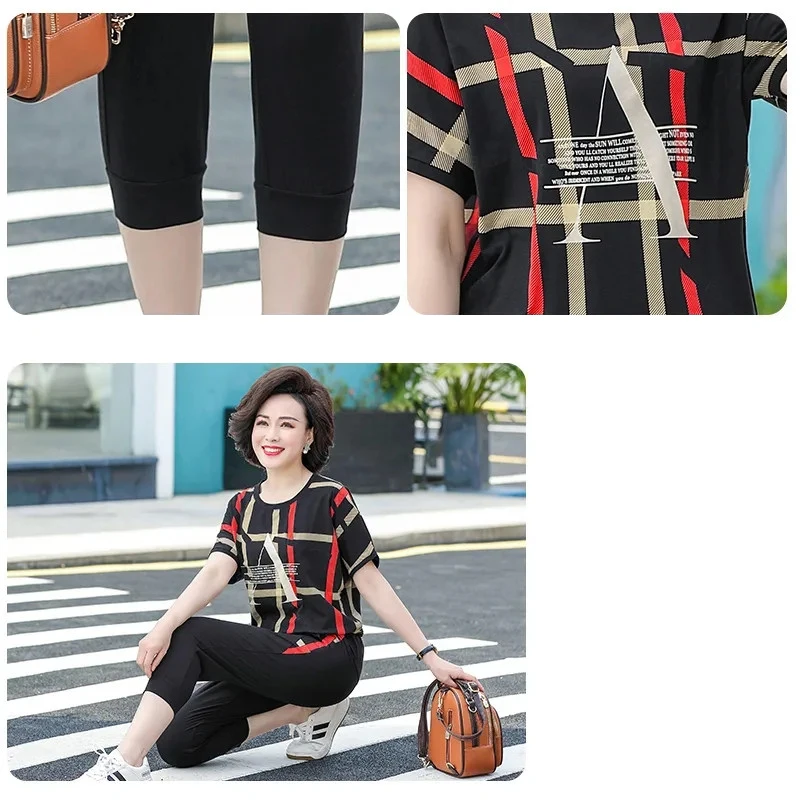 

Middle-aged mom summer tracksuit two piece set Fashion print O-Neck short sleeves top+Mid-Calf pant Casual plus size outfits