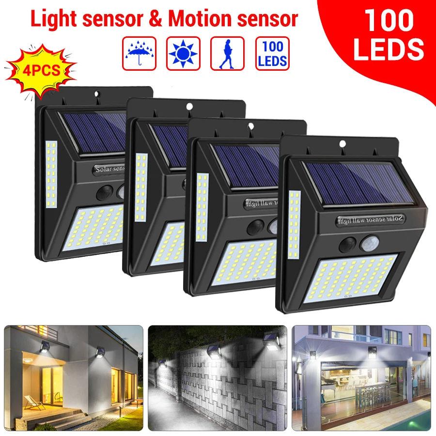 4 шт. светодиодная настенная лампа 100 Led водонепроницаемая наружная с PIR датчиком