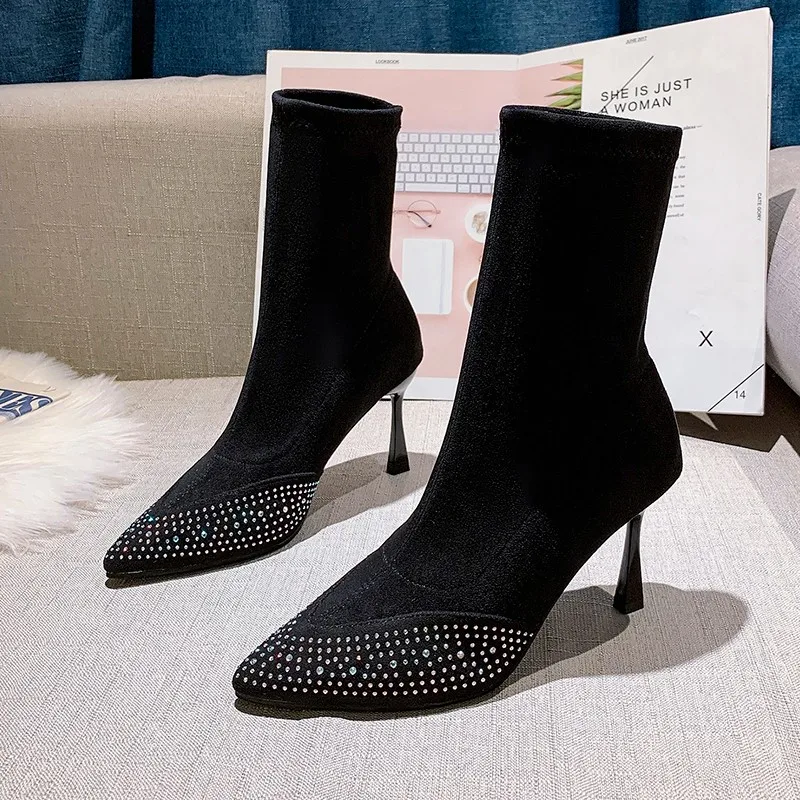 Women Boots Corduroy Butterfly-knot Boots Sexy High Heels Party Shoes Winter plus velvet Keep Warm Female Boots zapatos de mujer