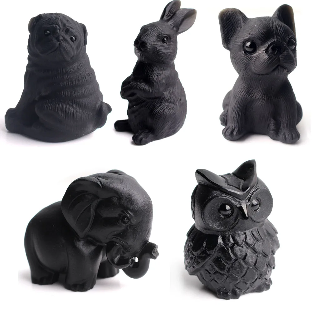 

Natural Obsidian Sculpture Dog Carved Crystal Polished Quartz Cartoon Figure Cat Animal Healing Stones Gems For Home Decorations