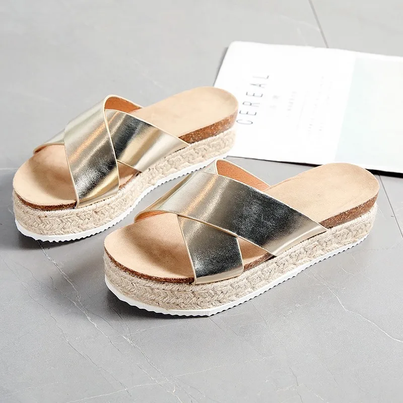 New Women Slippers Summer Woman Platform Leopards Slides Ladies Cross Band Wedges Women's High Increase Open Toe Shoes