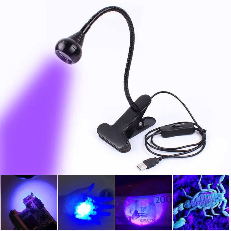 Светодиодная настольная USB лампа гибкая ультрафиолетовая мини с зажимом для