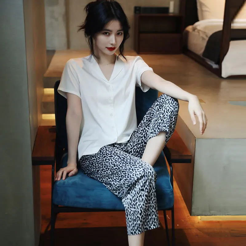 

Летняя Пижама, комплект для сна, Женский Пижамный костюм из 2 предметов, повседневная одежда для сна из вискозы, пижама с коротким рукавом, до...