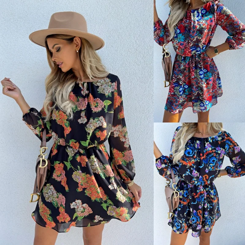 

2021 Floral Print Boho Beach Dress Ruffle Long Sleeve A Line Mini Dress Wrap Sundress Robe