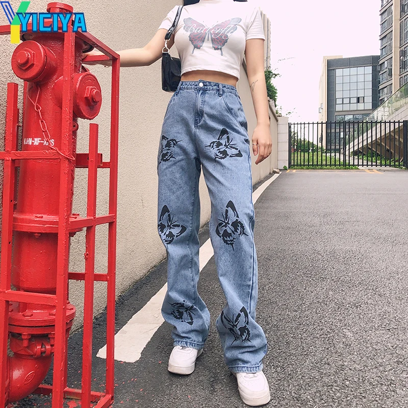 

Butterfly Printed Straight Pants Women Casual Denim Straight Long Pants Trousers Pockets Ladies Streetwear Fashion Jeans Female