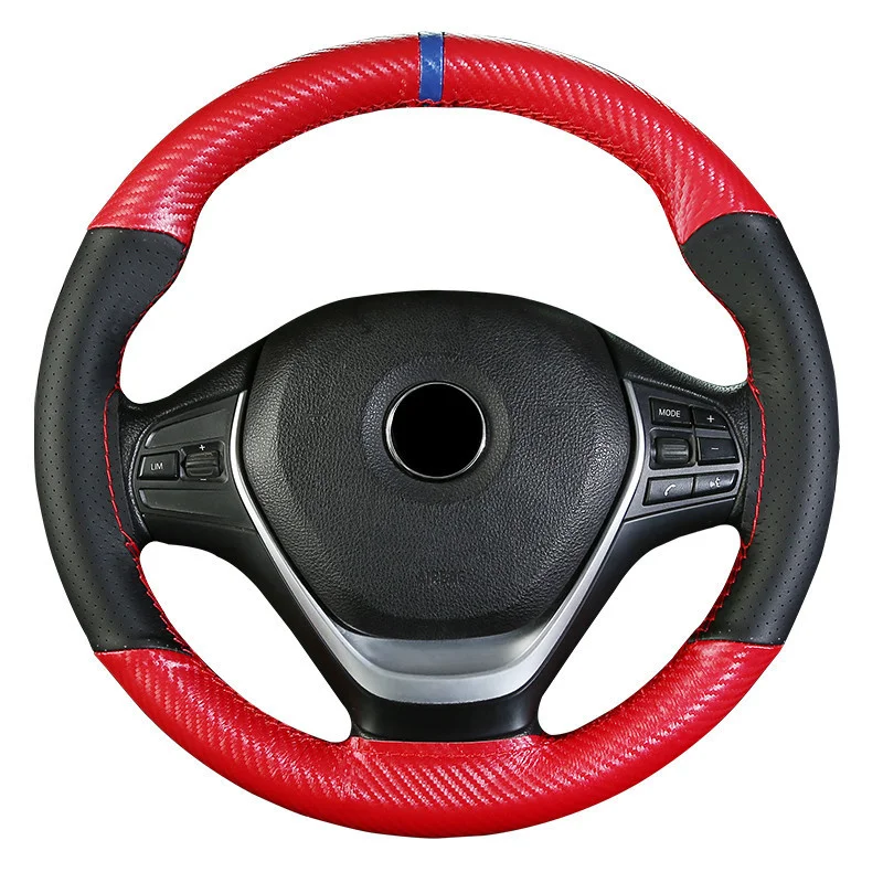 

Carbon Fiber Leather Color-blocking Steering Wheel Cover With Needle And Thread Woven Steering Wheel 38CM Automotive Supplies