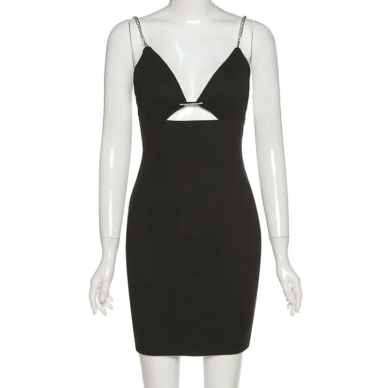 

2021 Spring Sling V-neck Hollow Sexy Backless Slim Tight Chain Bodycon Dress Female Night Club Tight Mujer Vestido