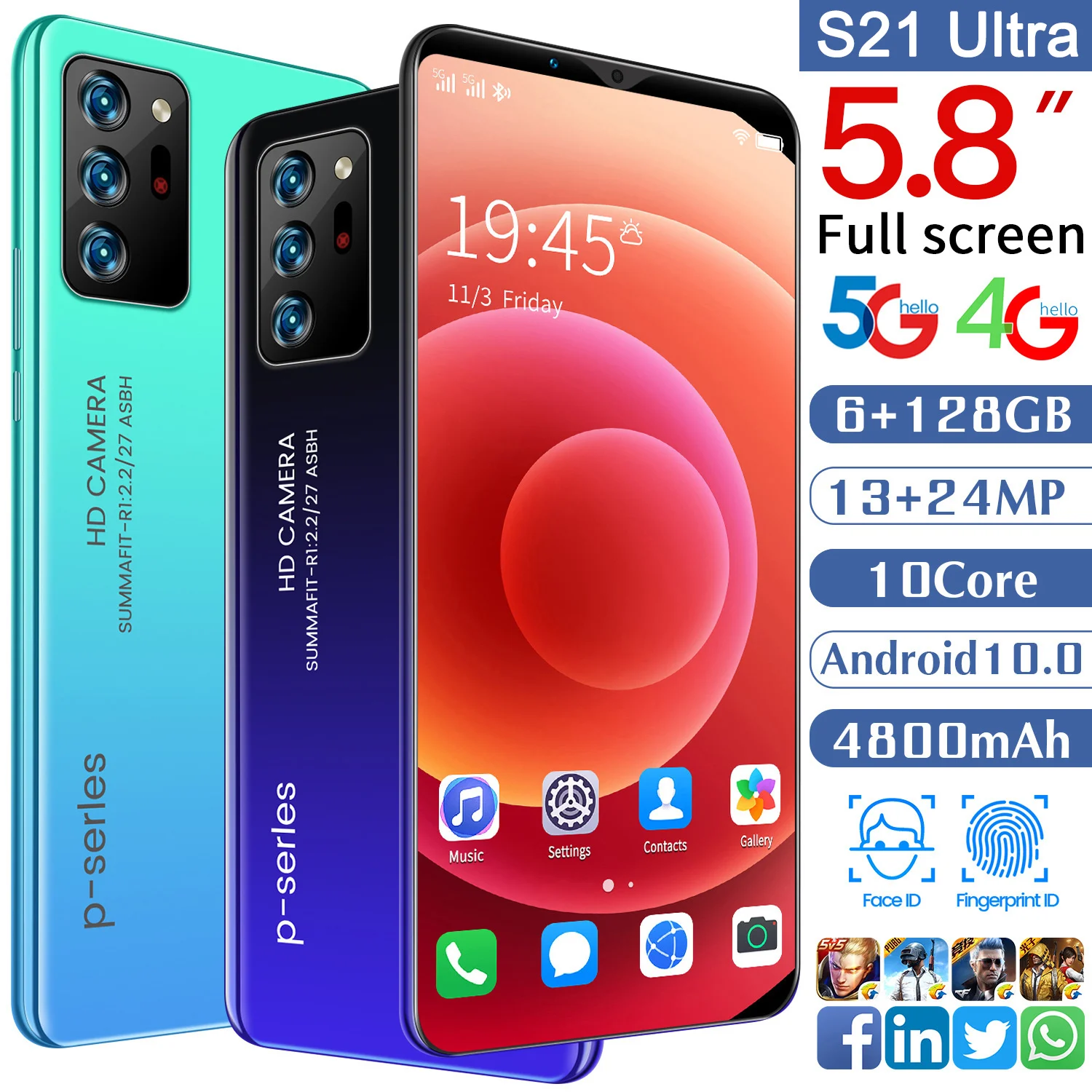 

S20 Ultra 5.8 Inch Andriod 10 Double SIM Card Face ID 10 Core Cheap Smart Phone MTK6799 6+128GB 13+24MP 4800mAh Mobile Phones