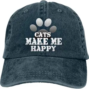 Cats Make Me Happy Sports Denim Cap Adjustable Unisex Plain Baseball Cowboy Snapback Hat