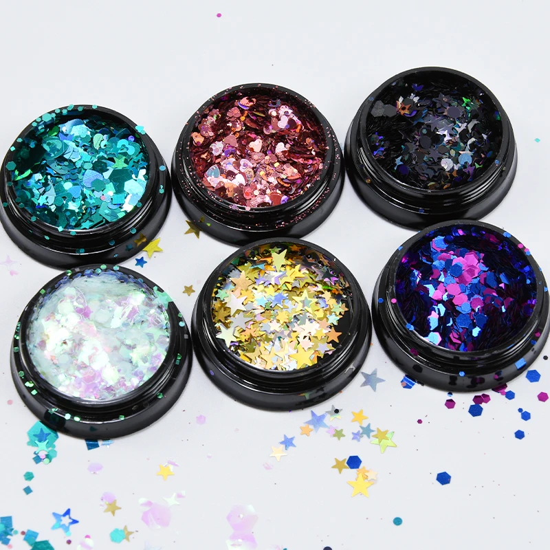 

1Box Nail Glitter Sequins Mixed Size Stars&hexagon&Heart Flake Gradient Ultra-fine Flash Glitter Slice Colorful Shinny Sequins