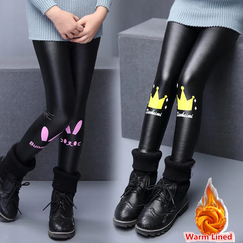 Детские осенне зимние Бархатные леггинсы из искусственной кожи для девочек с