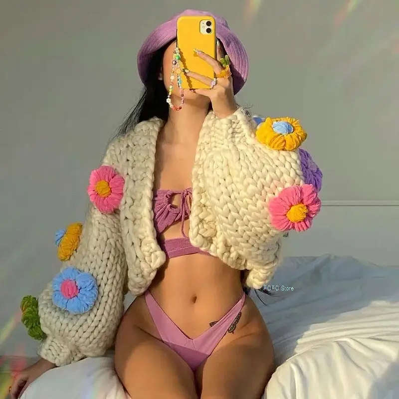 

2021 Women's Fashion Knitting Coat Puff Long sleeve Cardigan Manual Puffs Color Flowers Sweater Female Outerwear Loose Tops