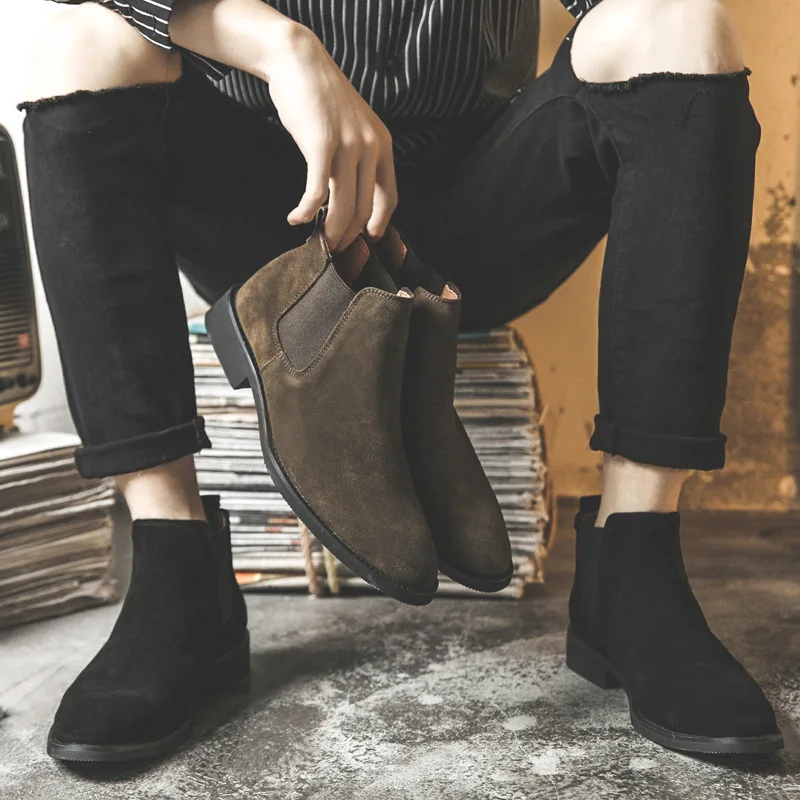 DESAI Men's Chelsea Boots Genuine Leather High Shoes Cow Suede Fashion England Pointed Martin Boots Plus Velvet Loafer Boots Men