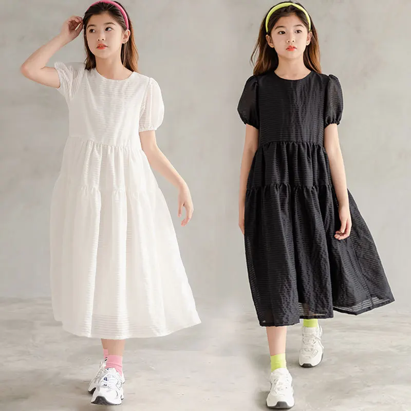 

Girls Performance Clothes 2021 New Teen Party Dress Two Layers Cotton Lining Kids Midi Dress Teenage Children Clothes,#6277