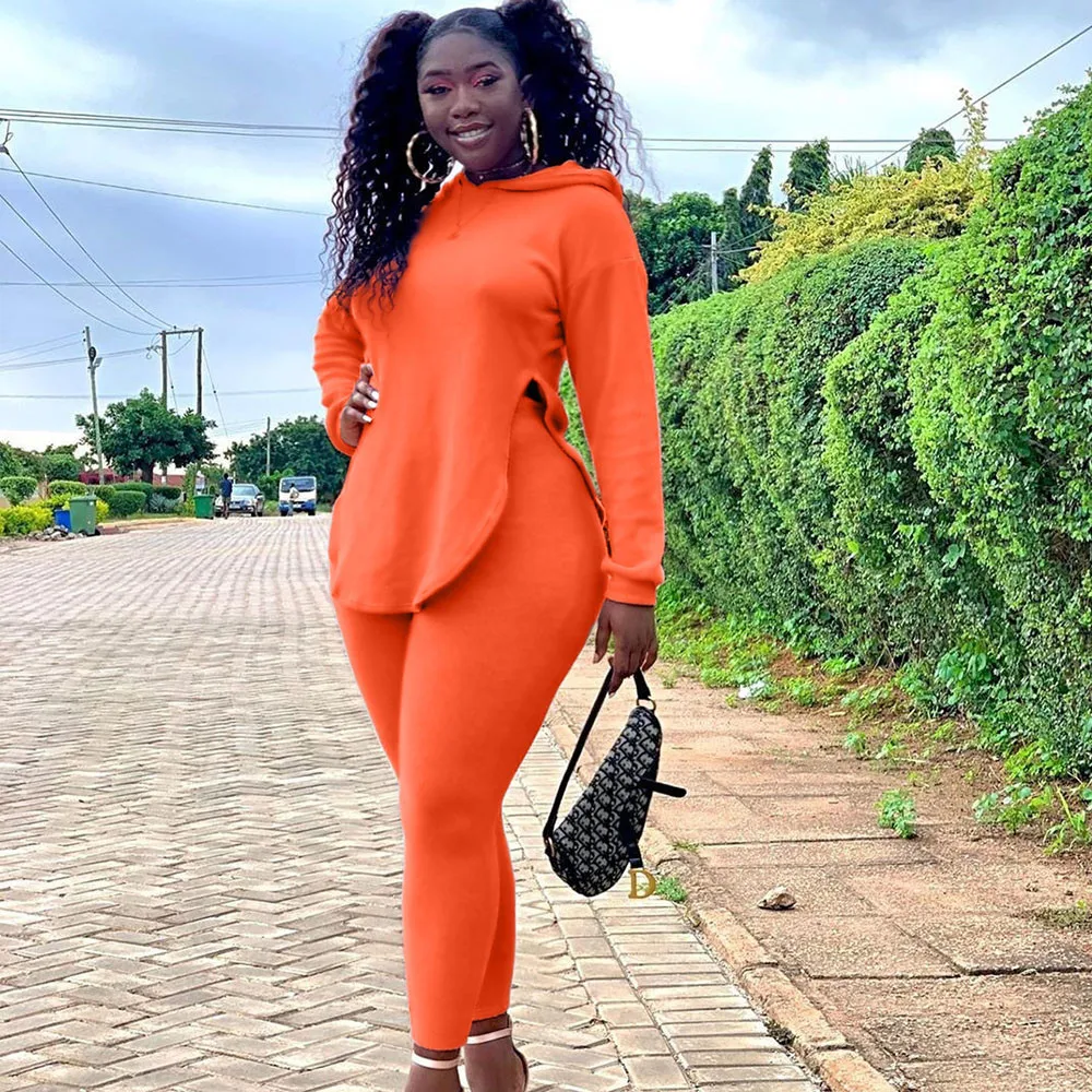 

Повседневный однотонный комплект из двух предметов, женские спортивные костюмы, толстовка с капюшоном и Боковым Разрезом, леггинсы, брюки, ...