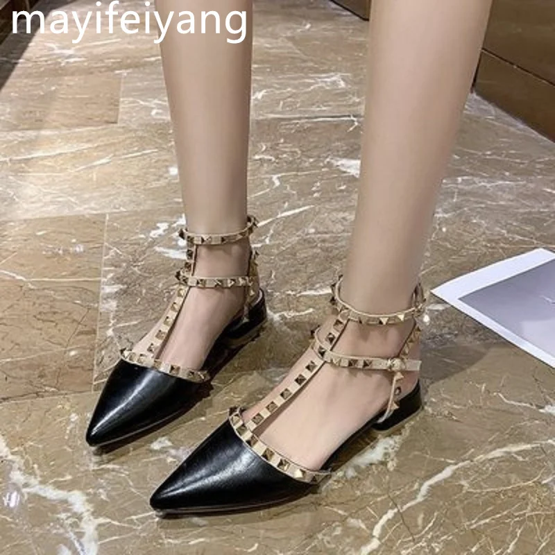 

2021 new casual fashion all-match summer Baotou word buckle with thick heel pointed rivet high heels