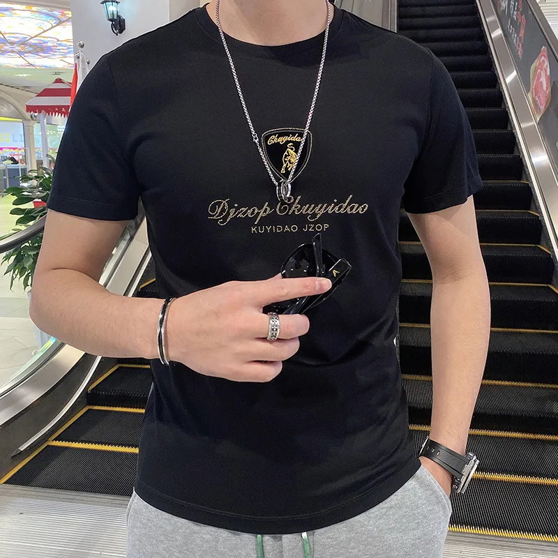 

Short-sleeved Men's 2021 Summer New Net Celebrity Personality Letter Embroidery Hot Diamond Half-sleeved T-shirt Fashion Trend