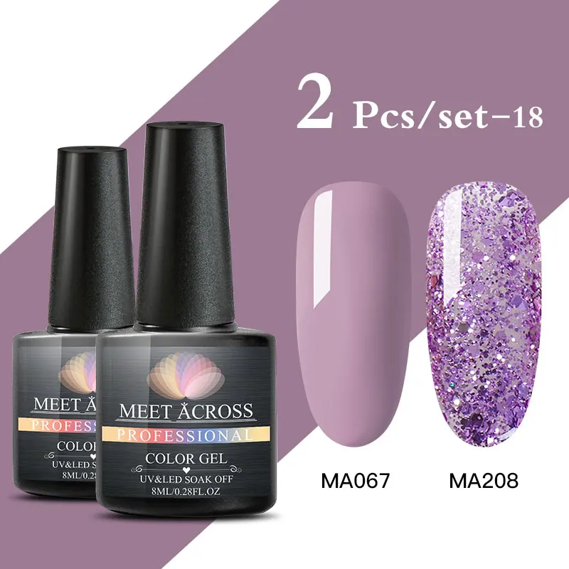 

MEET ACROSS 2Pcs Nail Gel Polish Set Purple Color Led Nail Gel Varnish Semi Permanent Nail Lacquer Glitter Sequins Gel Kits