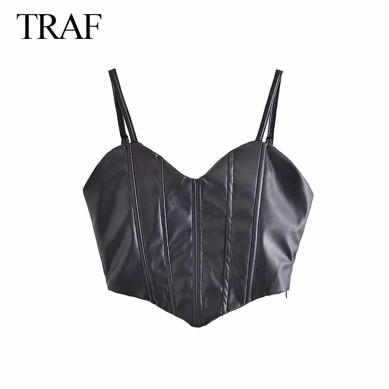 

Женский кожаный пикантный жилет TRAF 2022, черный женский укороченный топ на молнии, женский жилет, высокий эритротоп Y2k, Клубная уличная одежда ...