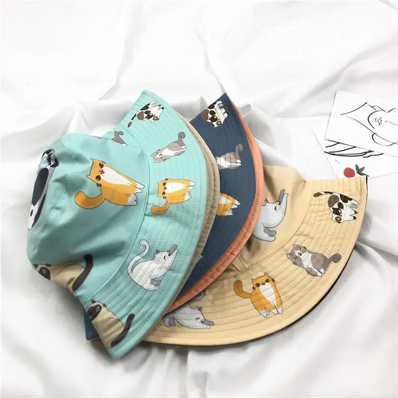 2021 New Cute Double-side Animal Print Fisherman Panama Caps Sun Bob Chapeau Cat Bucket Hats For Women Ladies Mother Gifts Cat