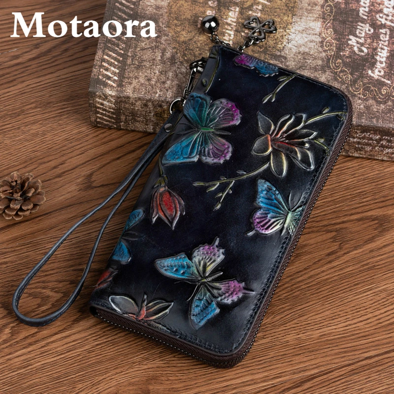 MOTAORA 2022 New Genuine Leather Women Wallet Vintage Embossed Long Purse For Women Hand Painted Butterfly Wallet ID Card Holder
