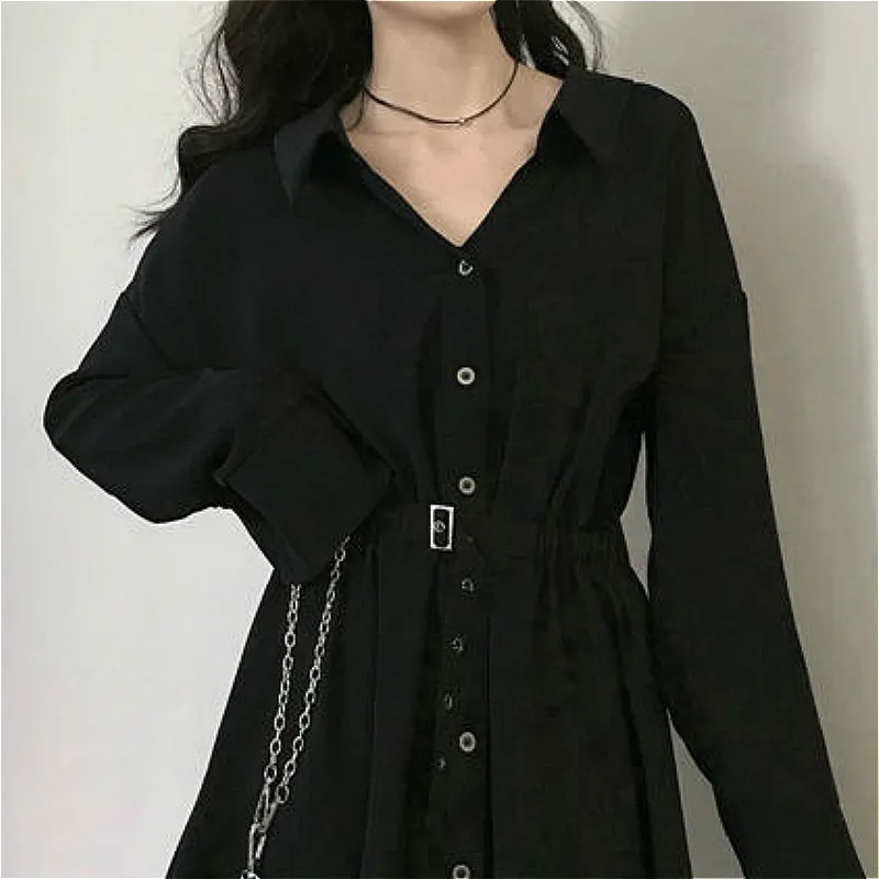 

Black Gothic Mini Dress Women Turn-down Collar Button Long Sleeve Elegant Solid Color Streetwear Clothing Hepburn Vestidos Chic
