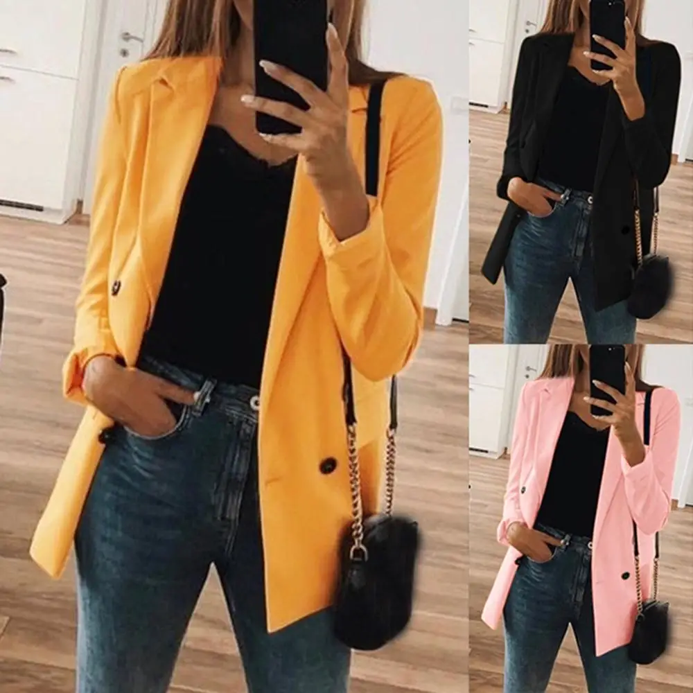 

Ladies Double-Breasted casual blazer jacket women turn-down collar pockets casual office lady suit tops outwear blazer Female