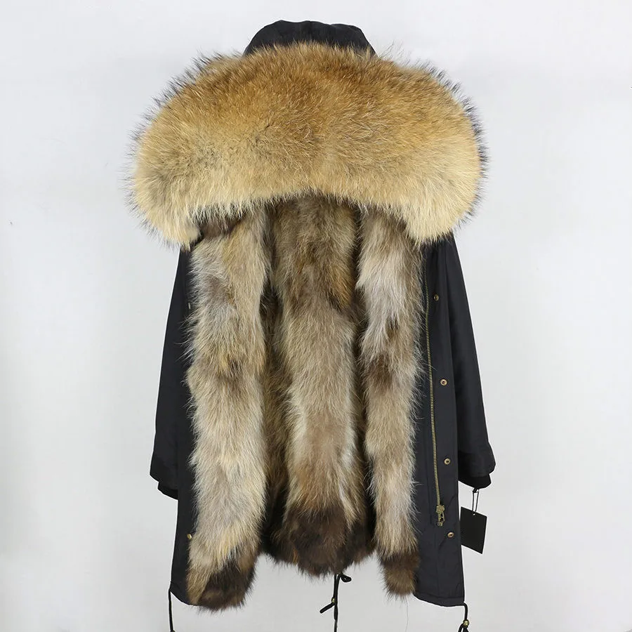 

2021 Real Fur Coat Winter Jacket Women Long Parka Waterproof Big Natural Raccoon Fur Collar Hood Thick Warm Real Fox Fur Liner
