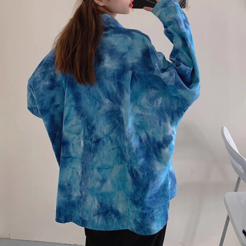 

Autumn New Women Vintage Tie Dye Corduroy Oversize Shirt Batwing Sleeve Button Up Turn Down Collar Blouse Spring Outwear T09