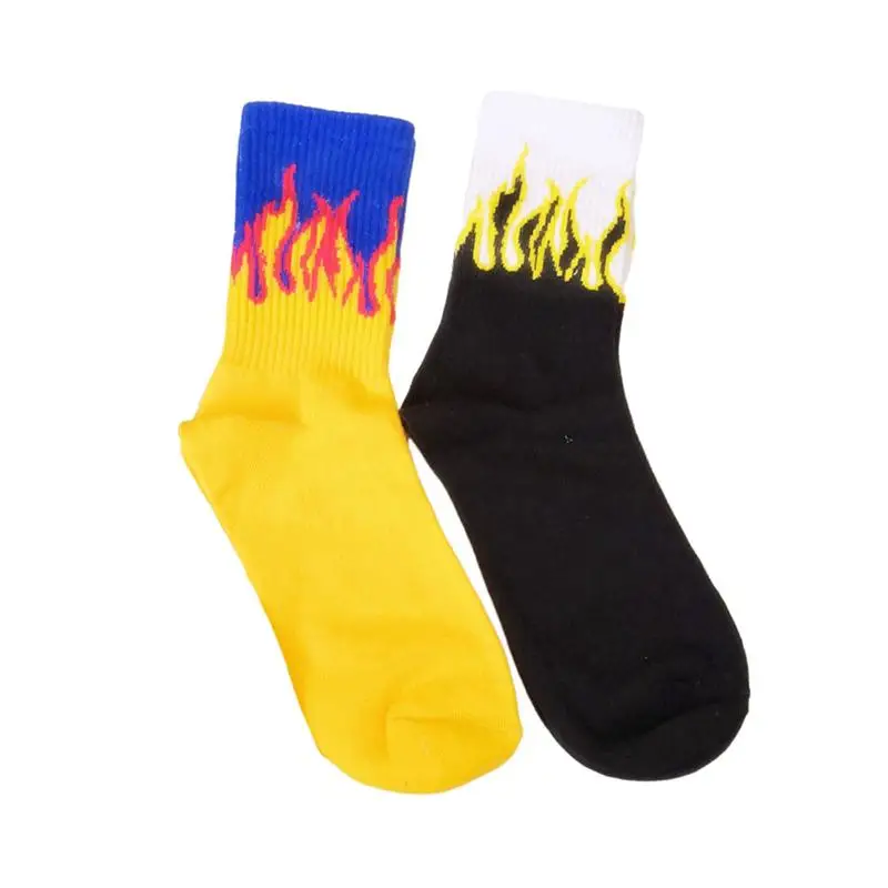 

2 пары хлопковых чулок с принтом пламени, Модные дышащие чулки, носки средней длины, аксессуары для одежды (черные + желтые)