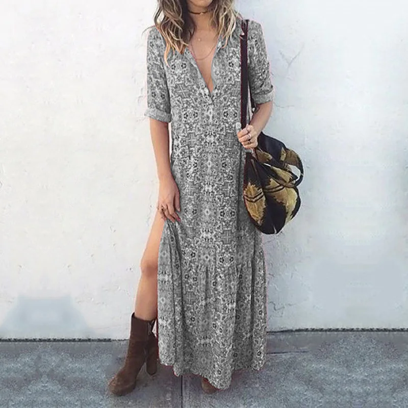 

Autumn Retro Print Long Dress Button Deep V Sexy Slit Robe Long Sleeve Casual Women's Jacquemus Pink Dress Maxi A-line Vestidos