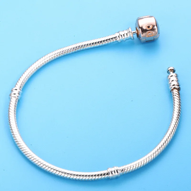 

925 Sterling Silver Rose Gold Snake Chain Lobster Barrel Clasp pan Bracelet Bangle Fit Women Bead Charm Diy Jewelry