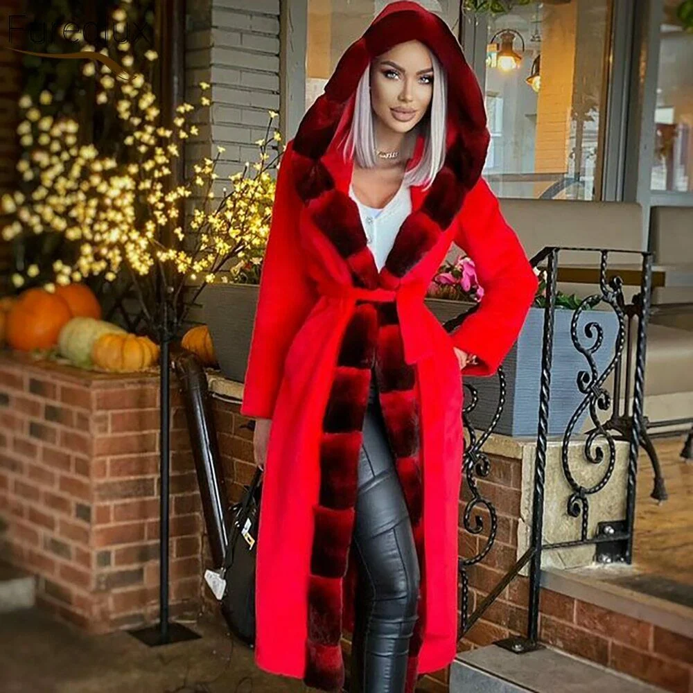 Fashion Red Wool Blends Coat with Rex Rabbit Fur Long Collar Natural Hooded Genuine Rex Rabbit Fur Cashmere Coats Female Outwear